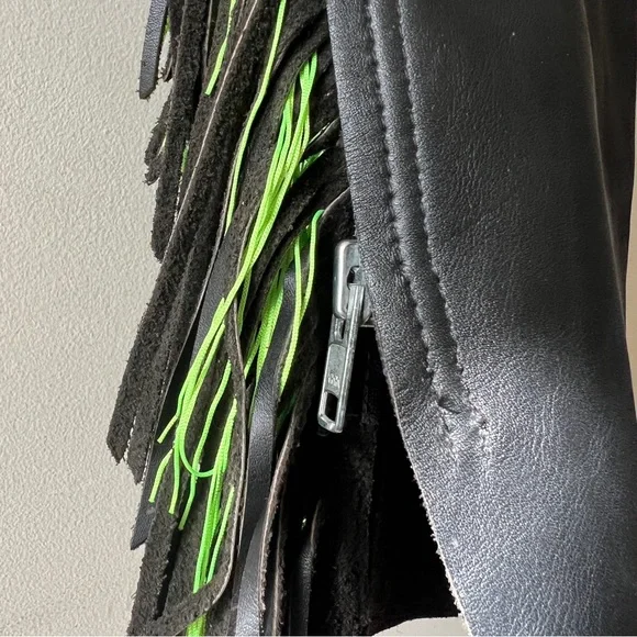 Black Leather Chaps with Green Fringe and Rhinestone Embellishments - Picture 13 of 16